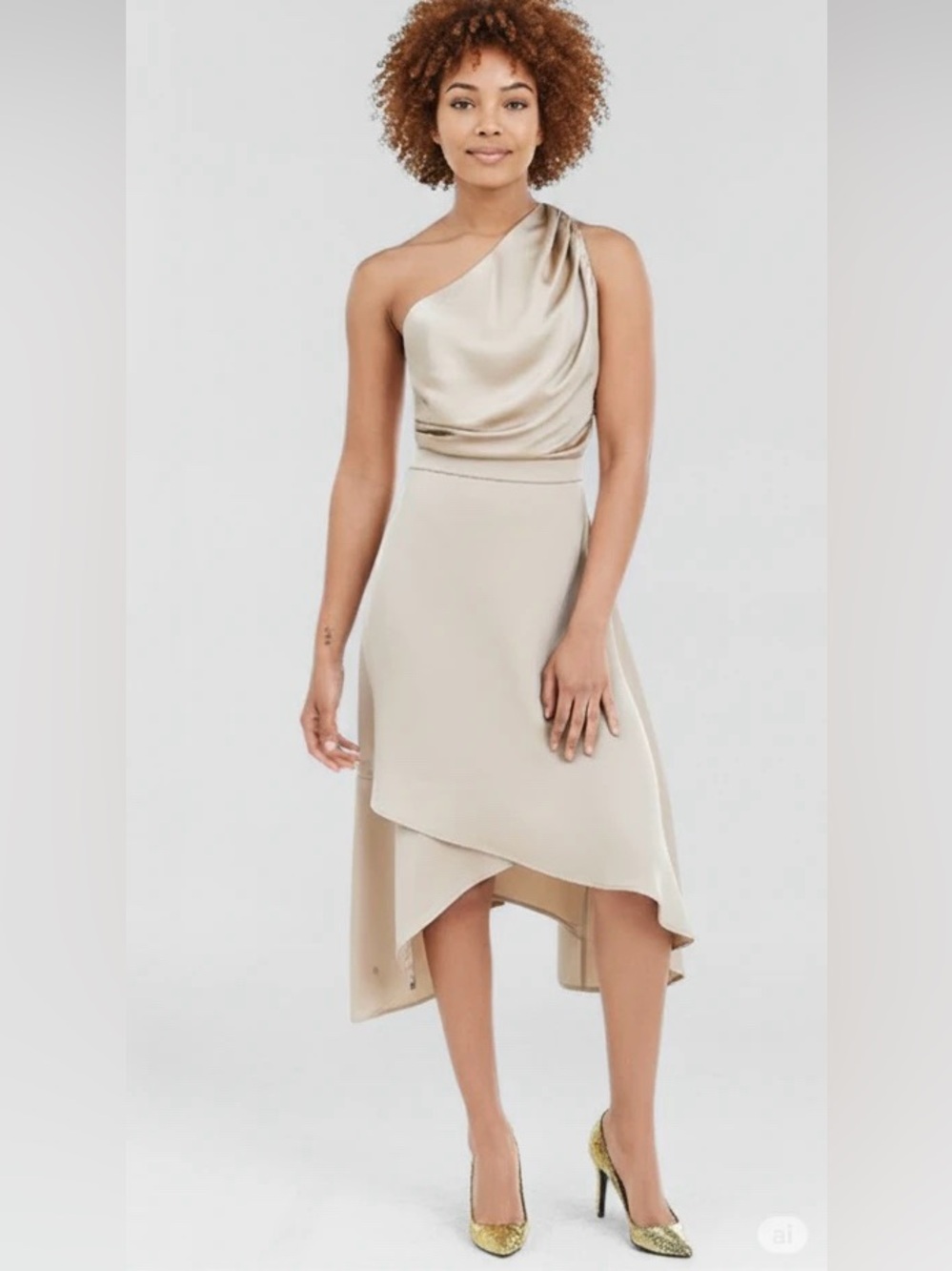 tfnc London One-Shoulder Satin Evening Dress in Champagne